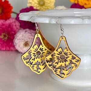 Lightweight Yellow Floral Laser Cut Wooden Earrings